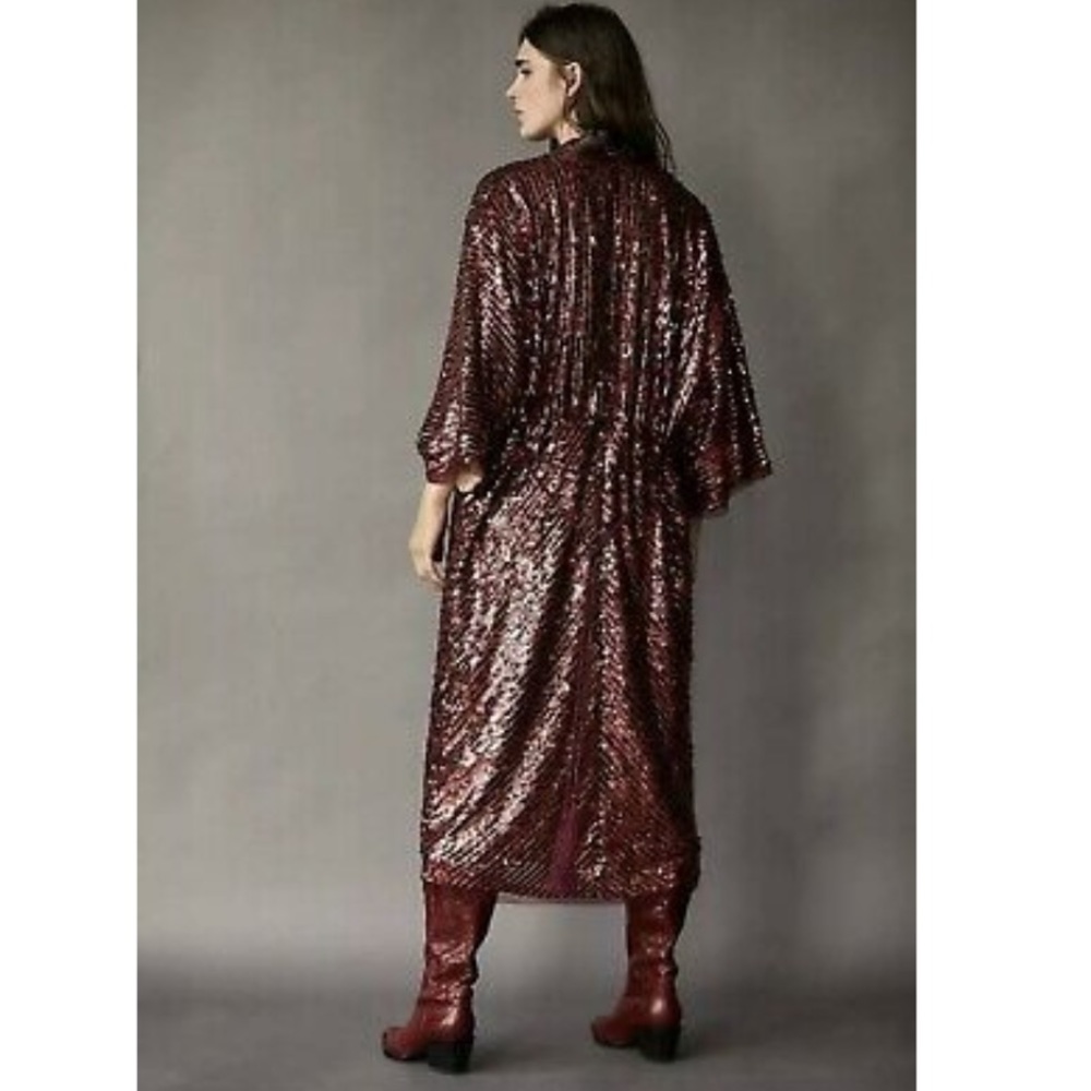 NWOT FREE PEOPLE Red Sequin Long Belted Duster Coat - Picture 2 of 12